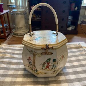 Vtg Judith MerriL Wood  Purse Decoupage Children Playing 60's Prothrombin Style